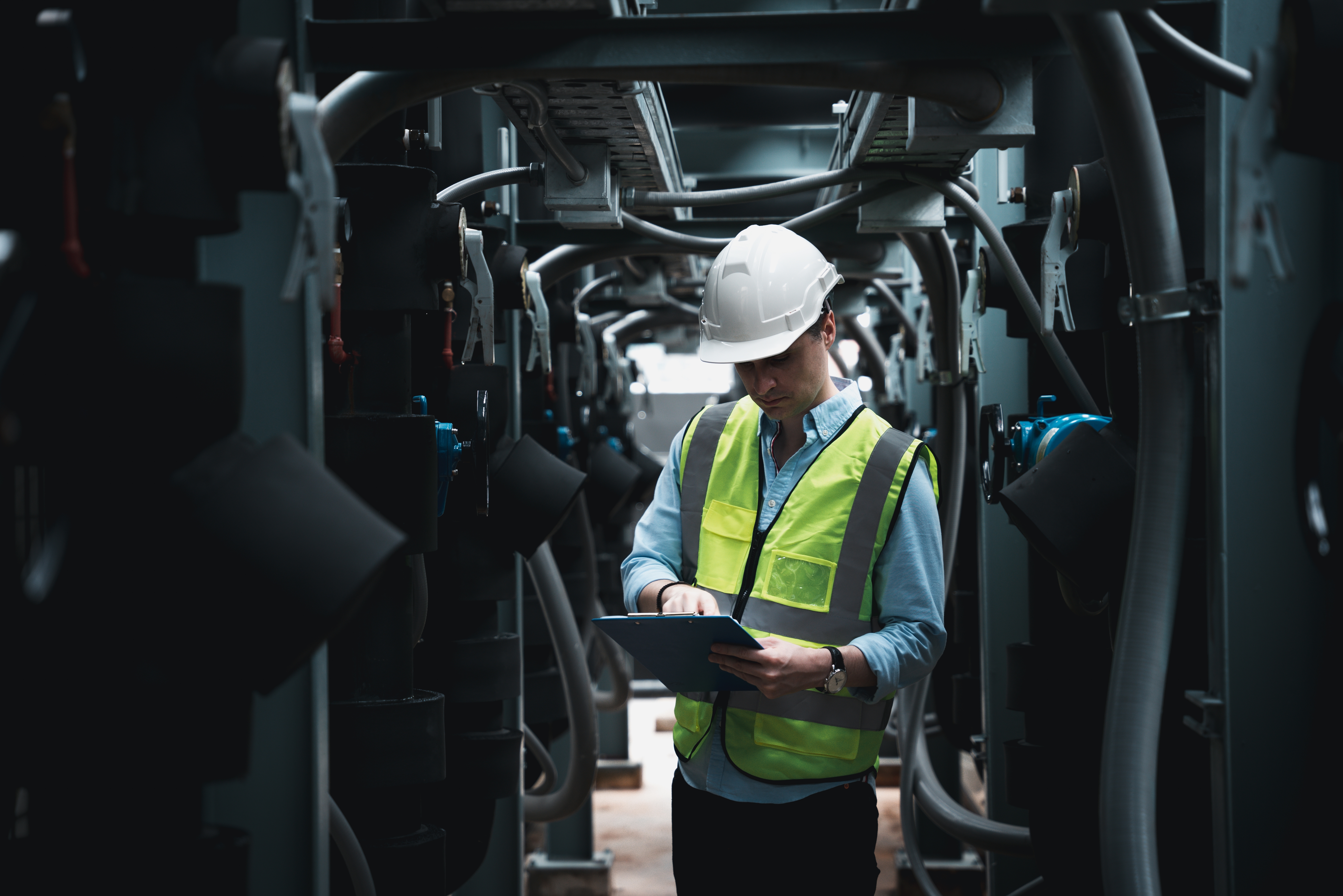 Engineer conducting compliance inspection in industrial plant.