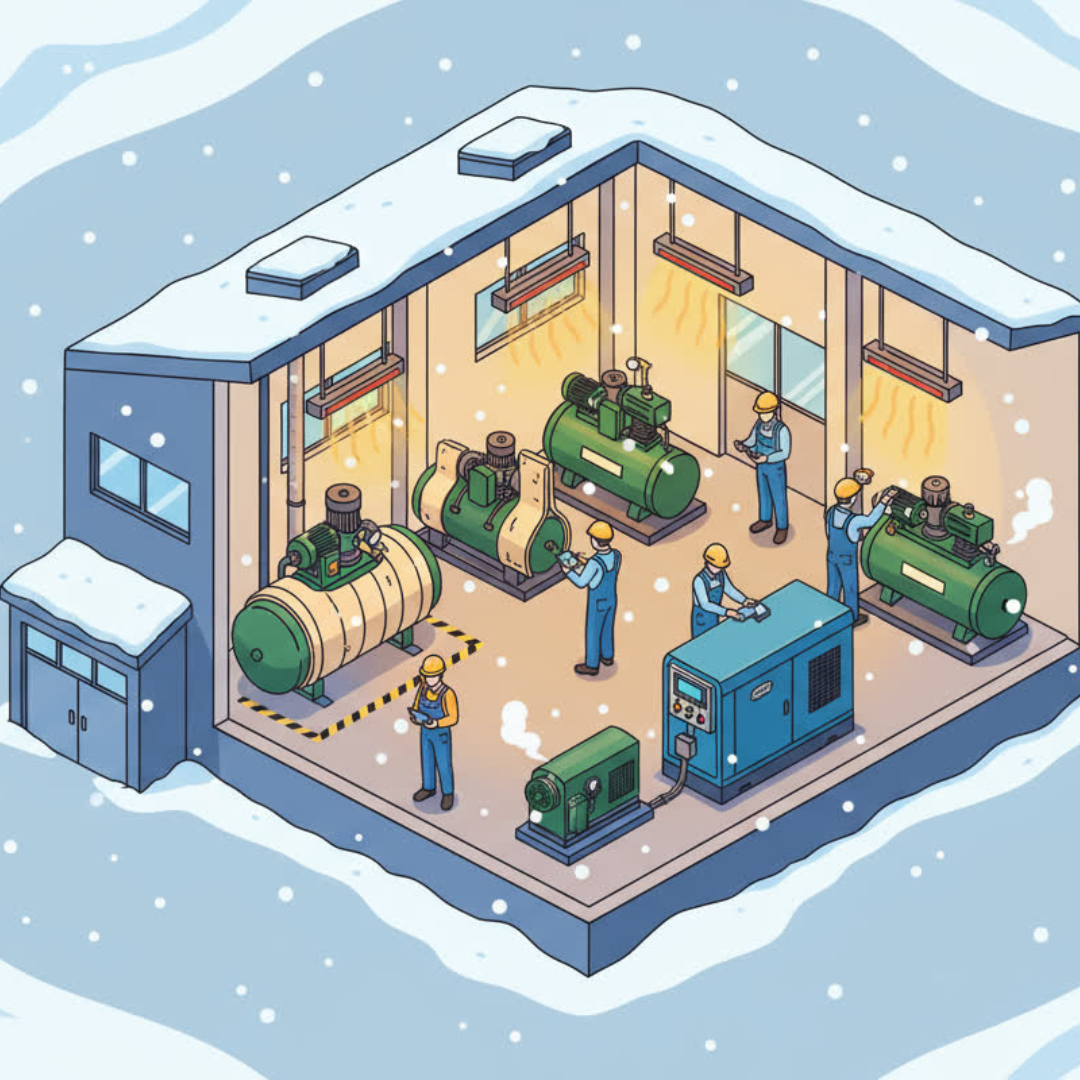 A clean, organized compressor room operating efficiently during winter conditions. The air compressors, piping, and dryers appear well-maintained, with no condensation or ice buildup. This image represents a properly winterized compressed air system running reliably in cold weather.