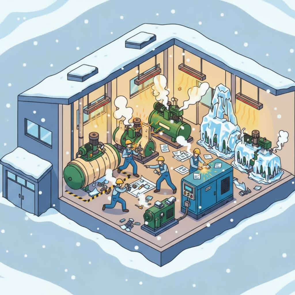 A compressor room affected by freezing temperatures, showing visible ice on piping and equipment. The environment appears cold and unmaintained, representing the risks of operating a compressed air system without winter preparation.